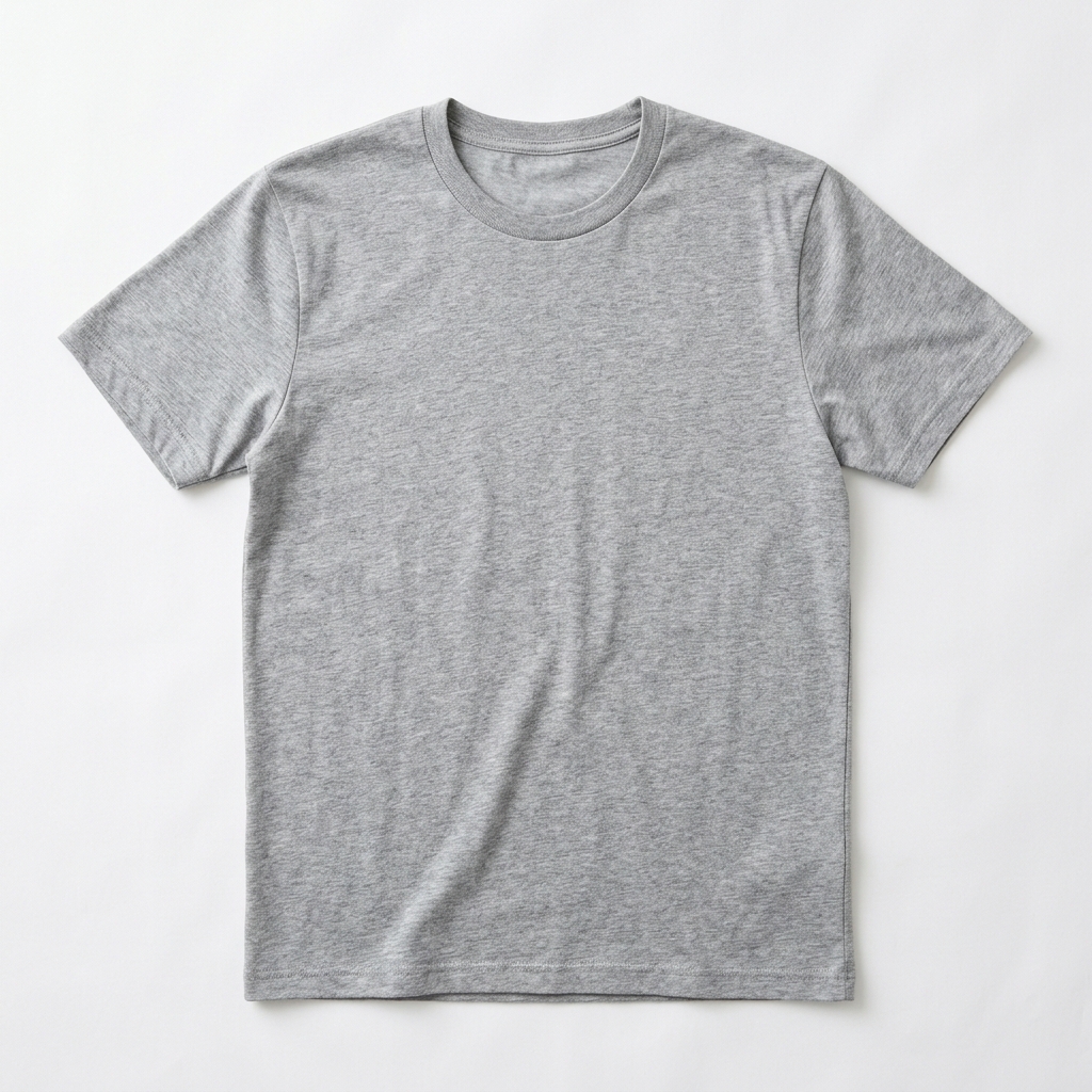 A plain heather-gray crew neck tee laid flat on white